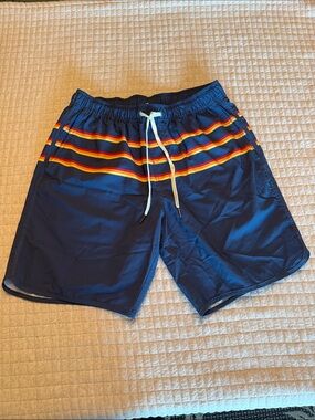 Fair Harbor Navy Swim Trunks with Red and Yellow Stripe